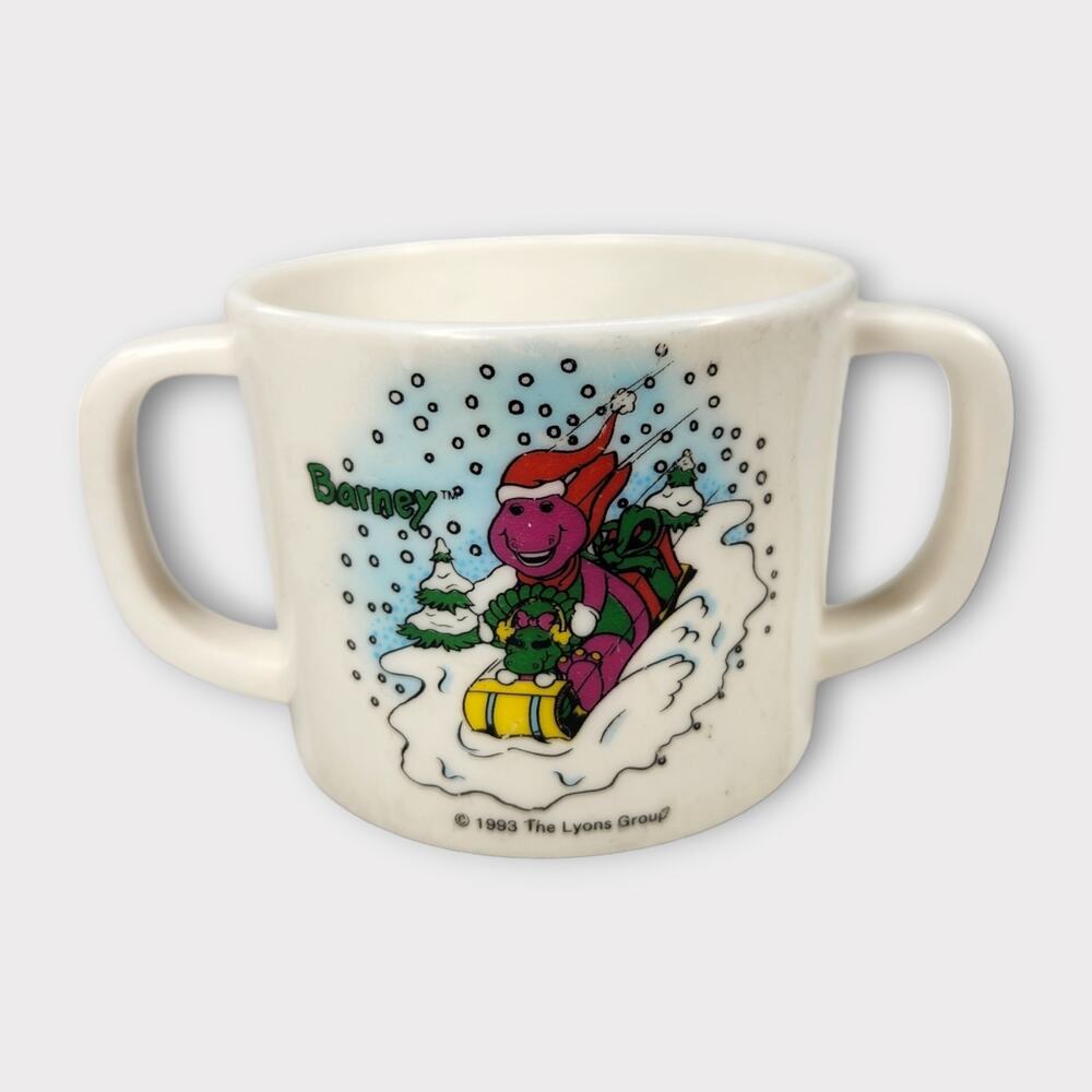 Barney 1993 Snow Sledding Double Handle Plastic Cup Vintage
